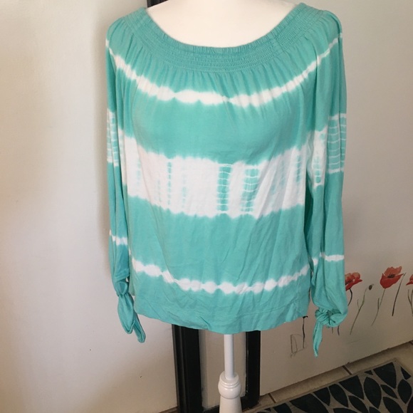 Turquoise Tye-dye elastic boat neck shirt with tie long  sleeves - Picture 2 of 11